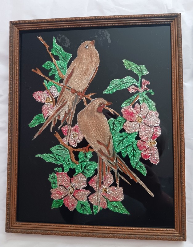 Tin Foil Art Birds Pair of Vintage Framed Folk Art gallery