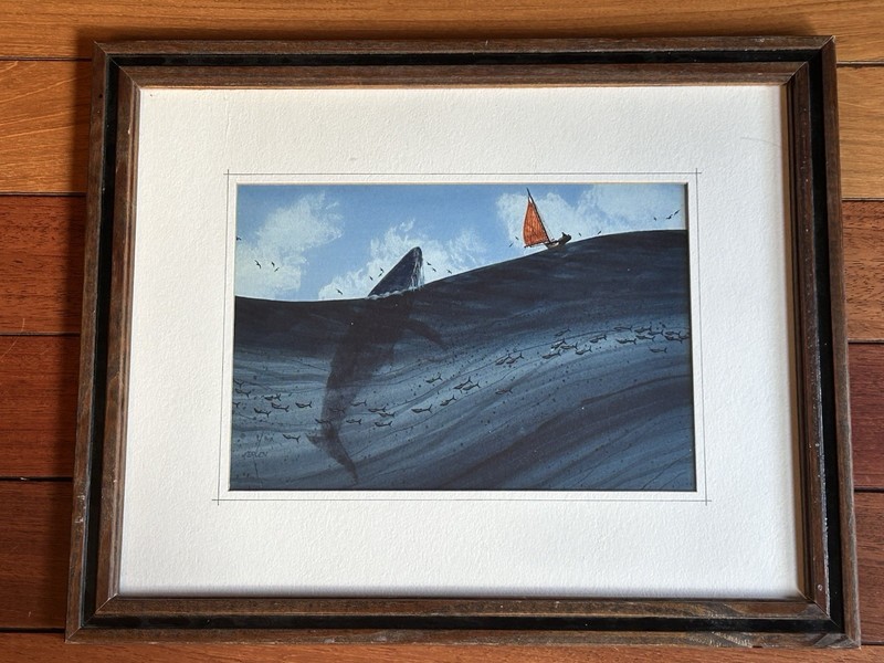 VTG Don Ferlen Original Painting Seascape Whale Sailboat Fish 12”x 15” Signed gallery