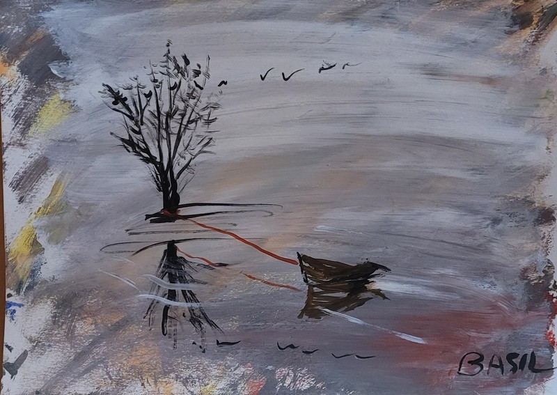 Original 11x14 Acrylic Landscape on Paper Lone Tree Boat Reflection Art gallery
