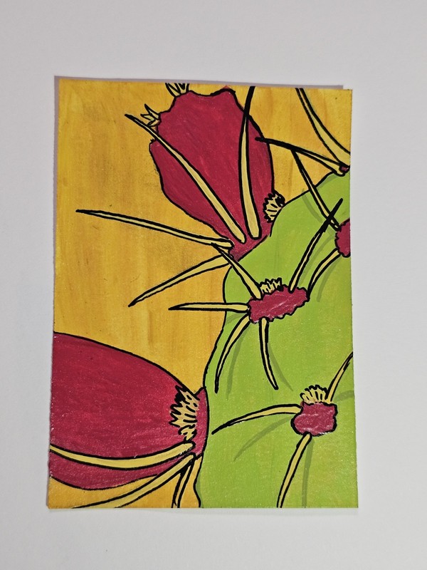 Prickly Pear Cactus ACEO Original Painting Close Up Style By Elaine M