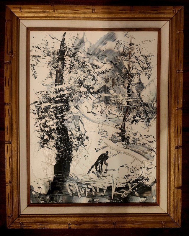 1985 Morris Katz B&W Original Acrylic Framed Painting 15×18 Landscape Deer, Med