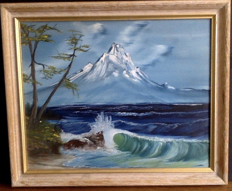 Framed Landscape Oil Painting On Canvas Mountain Seashore Wave 16 x 20 Inches gallery