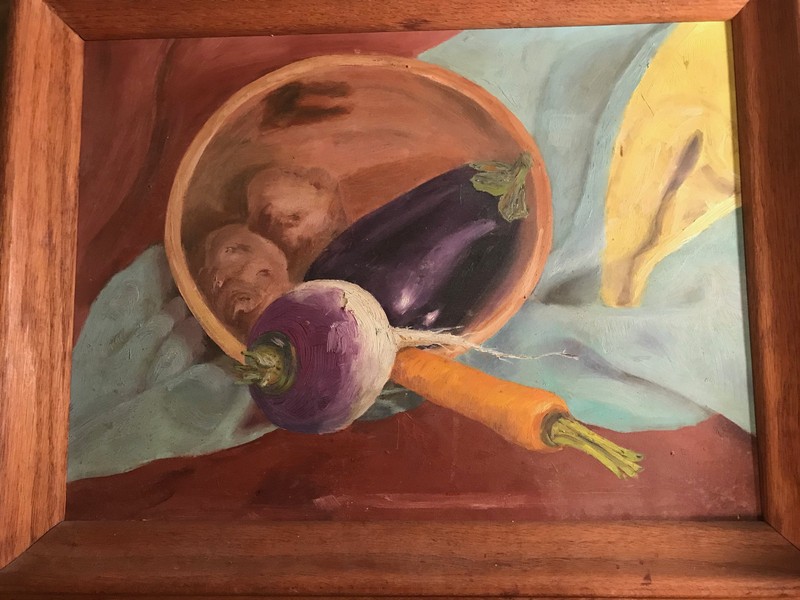 Vintage «Still Life With Vegetables Scene» Oil Painting – Framed