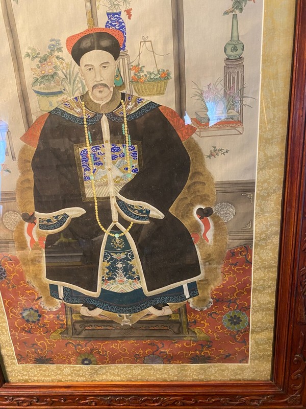 Huge Antique "Portrait of A Mandarin Court Official" Painting - Rosewood Frame gallery