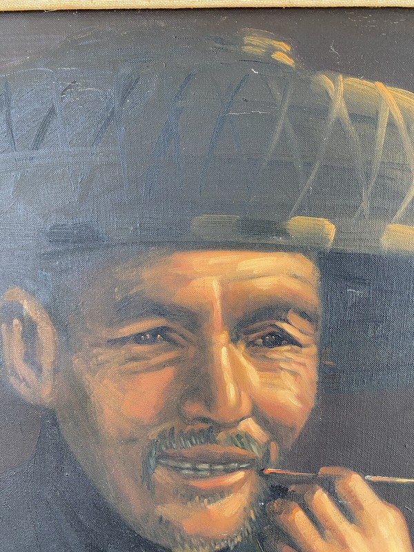 Framed Oil Painting Chinese Artist Smoking Pipe Sui Fung Lee Displayed Hong Kong