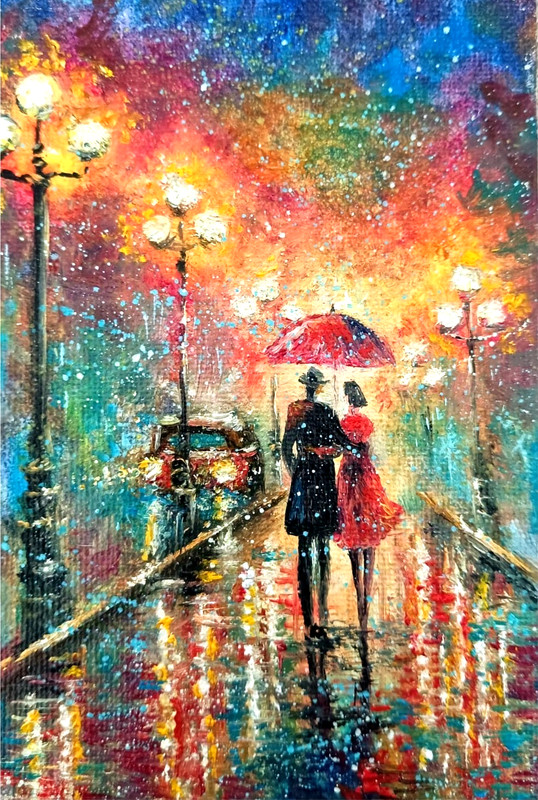 Original Rain City Men Woman with Umbrella Walk Oil Canvas Painting Signed