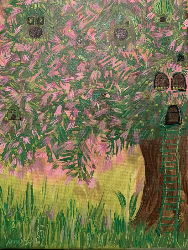 Mimosa Treehouse Painting By Moody Virgo Deana Ooak Whimsical Fairy Bird House