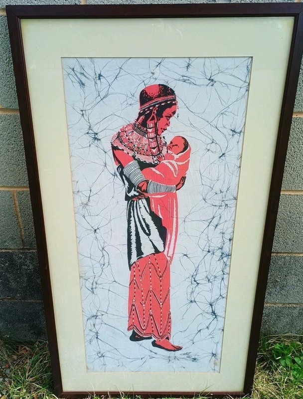 Vtg African Folk Art Fabric Painting Framed Signed 41×22″ Mother Holding Baby