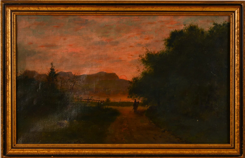 George Frank Higgins (B. 1850). Sunset with Man on Horseback
