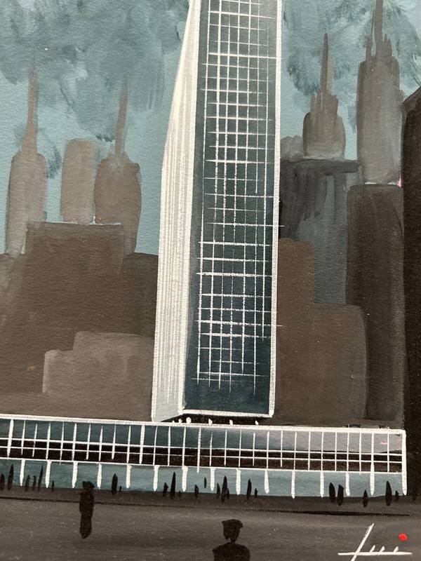 Midcentury Modern Art, architectural rendering, 5 x 7 1/4″, original painting