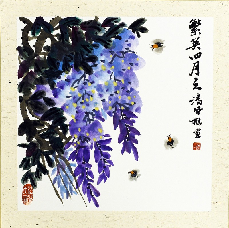 Hand Painted Chinese Ink Painting | “繁英四月天” | Wisteria & Bees | 34x34cm Art