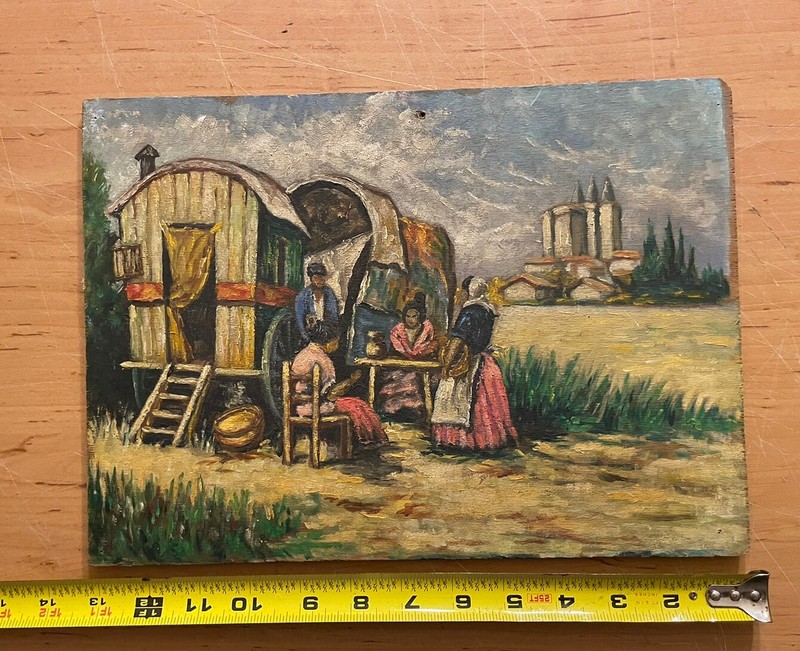 FERNAND AUDET (1923-2016) FRENCH IMPRESSIONIST OIL - GYPSY CARAVAN & FIGURES gallery