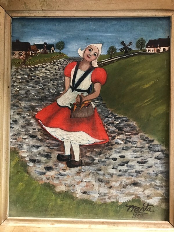 Dutch Folk Art Dated c1950 Signed Marta Pair (2) Original Paintings Boy and Girl gallery