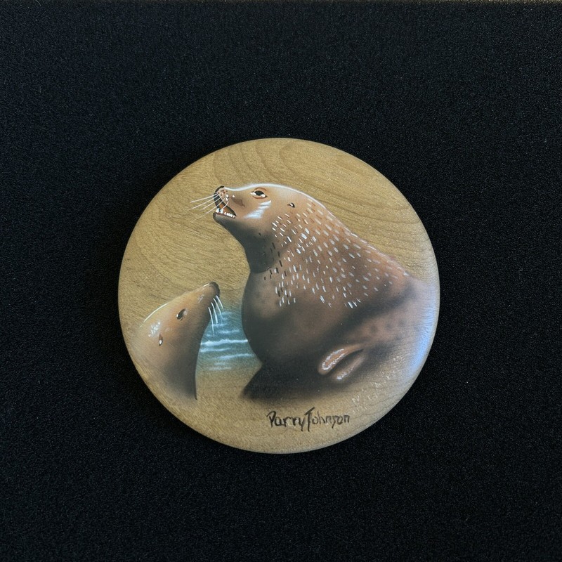 Artwork Myrtlewood 4” diameter Plaque Seal sea lion Original Art Parry Johnson