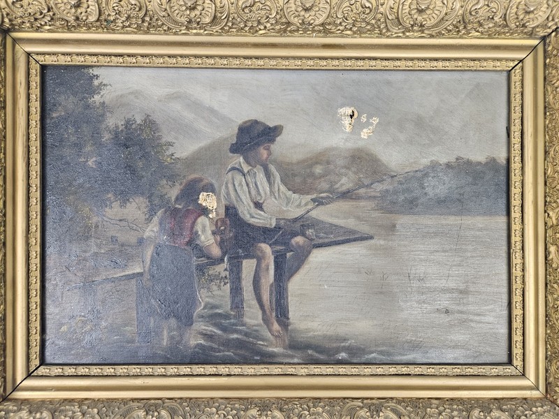 21"x15" Antique Original Oil On Canvas "Hansel And Gretel" Distressed Painting gallery