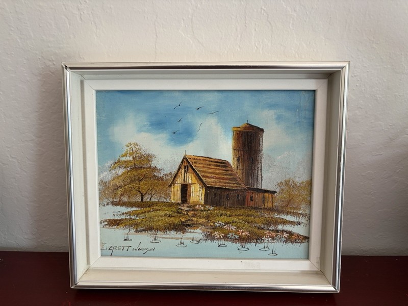 Everett Woodson Original Oil Painting – Rustic Barn Landscape – Framed
