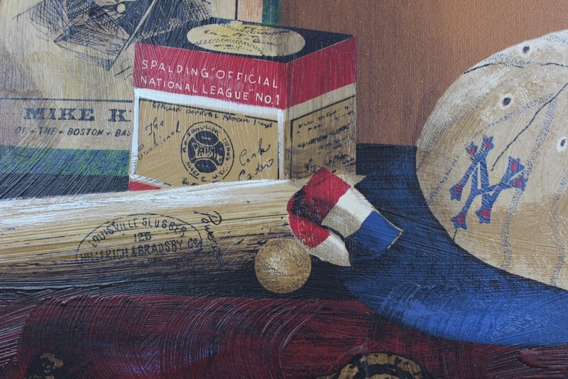47" Folk art style painting of vintage Baseball, signed Huntington, Lou Gehrig gallery