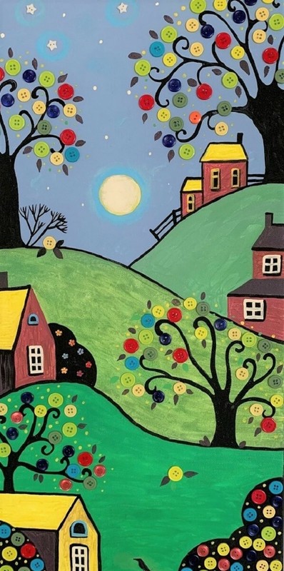 12×6 Print Of Painting Ryta Abstract Folk Art Peach Summer Spring Landscape Sun