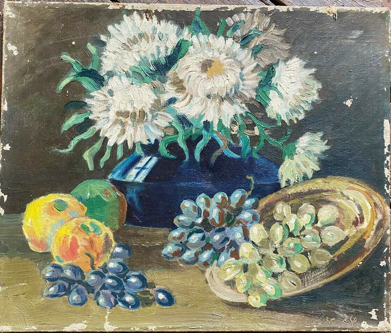 Oil painting signed Lucy 1924 still life flowers and fruits grapes apples
