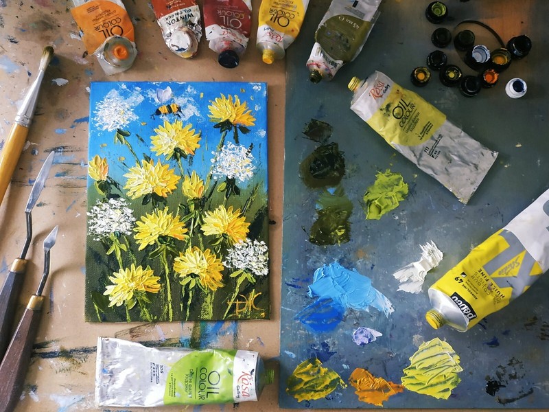 Dandelions Oil Painting Wildflowers Impasto Original art Unframed 8x6 inches gallery