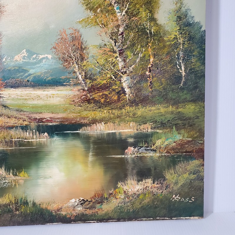 H Ross Signed 30x24 Vtg 1980s Oil Canvas Landscape Painting Mountains River Wood gallery