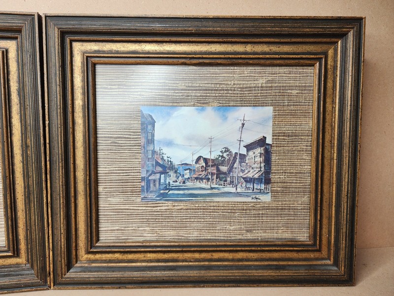 2 Small Card Pictures Framed Pier And Western Town 13" X 15" Burlap Wood Style gallery