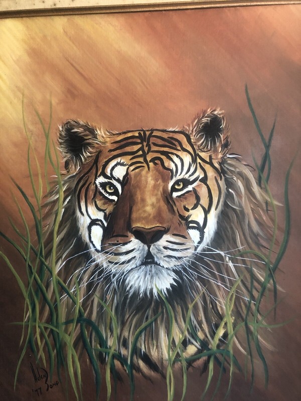1977 Tiger Cat Canvas Painting In Carved Wood Frame 38 X 32” Signed Helen Sono gallery