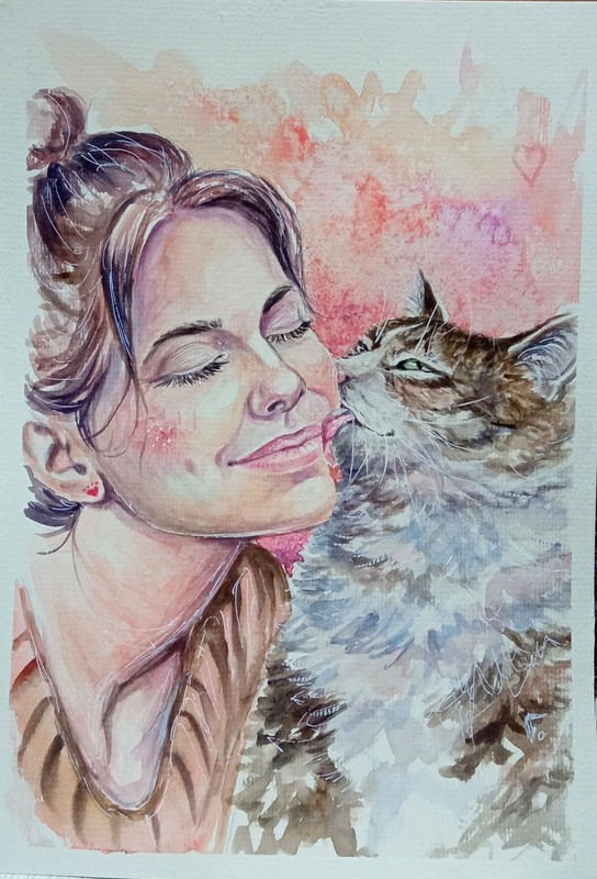 Original Watercolor Cat Painting, Woman and Pet Portrait Art, Ukrainian Artist