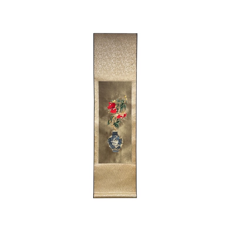 Chinese Red Flower Vase Embroidery Scroll Painting Wall Art ws4778
