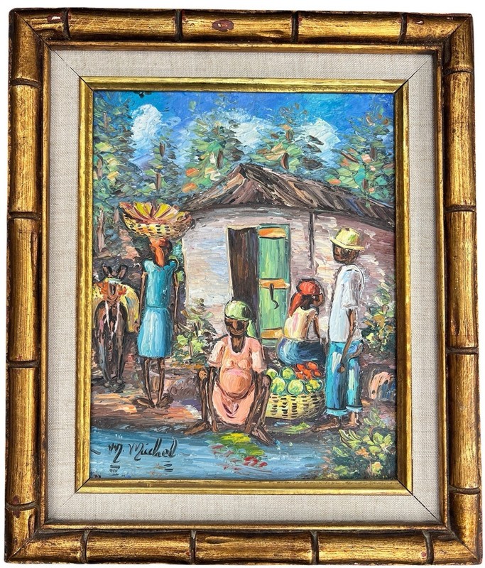 Haitian VTG Oil Painting Canvas Market Village by Micheline Michel Bamboo Frame