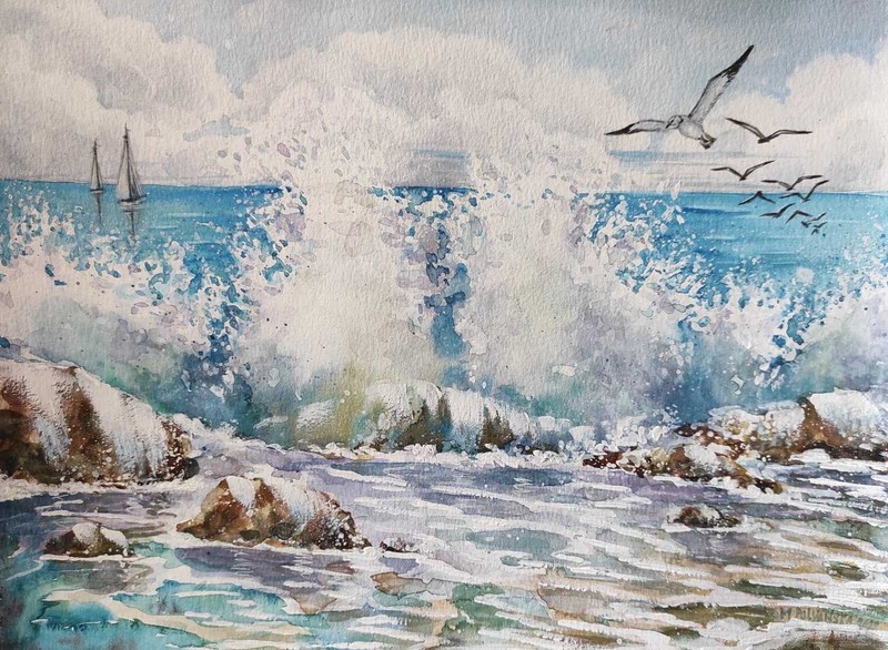 BIRDS SEAGULLS BOAT Original Painting SEA WAVES Landscape CLOUDS SKY Seascape A4