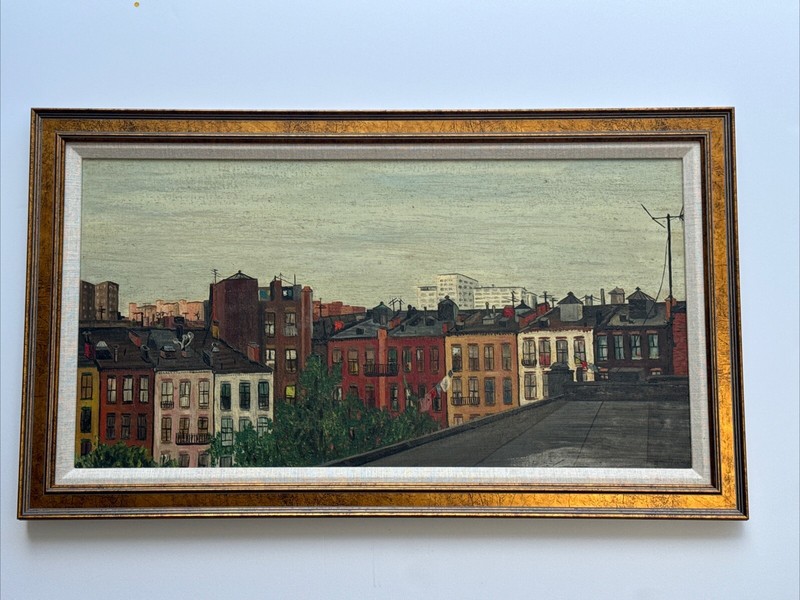 ANTIQUE New York PAINTING Rooftops URBAN REGIONALISM WPA STYLE Mid Century Oil