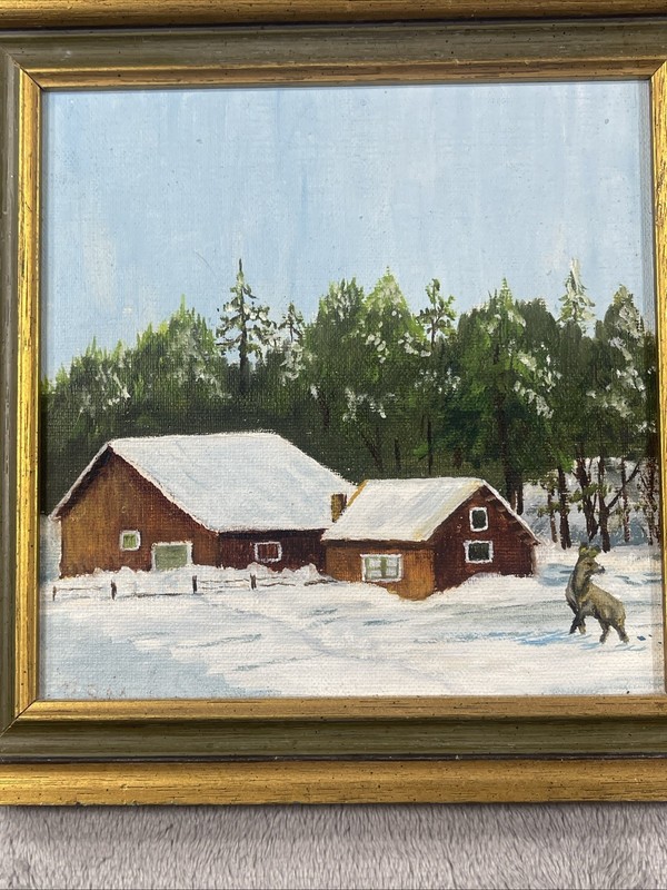 Original Oil Painting Rustic Country Barn Winter Landscape Framed 8.75”x8.75” gallery