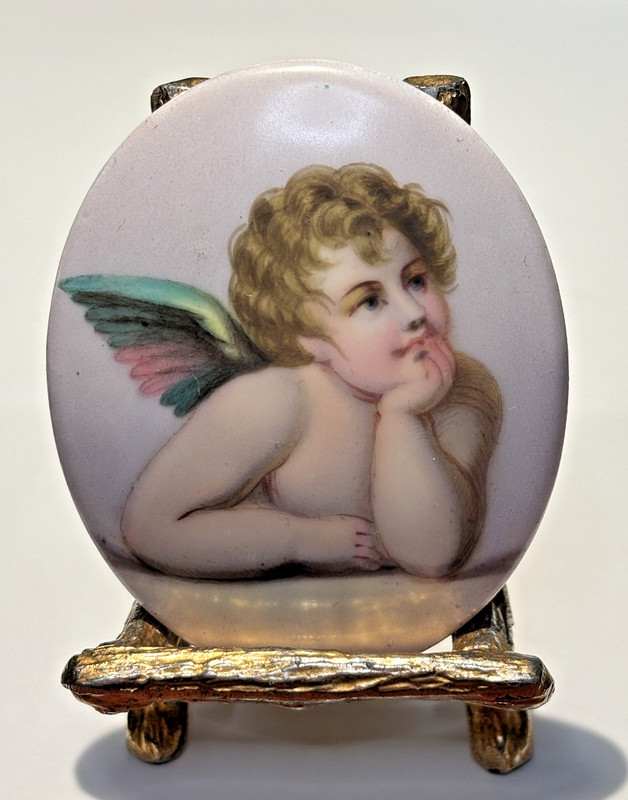 Antique French Miniature Portrait Small Cherub Angel Hand Painted on Porcelain