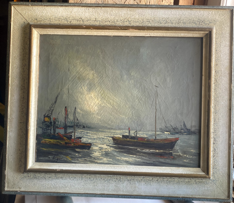 Signed Oil Painting Harbor And Ships Sailboat At The Harbor In The Moonlight