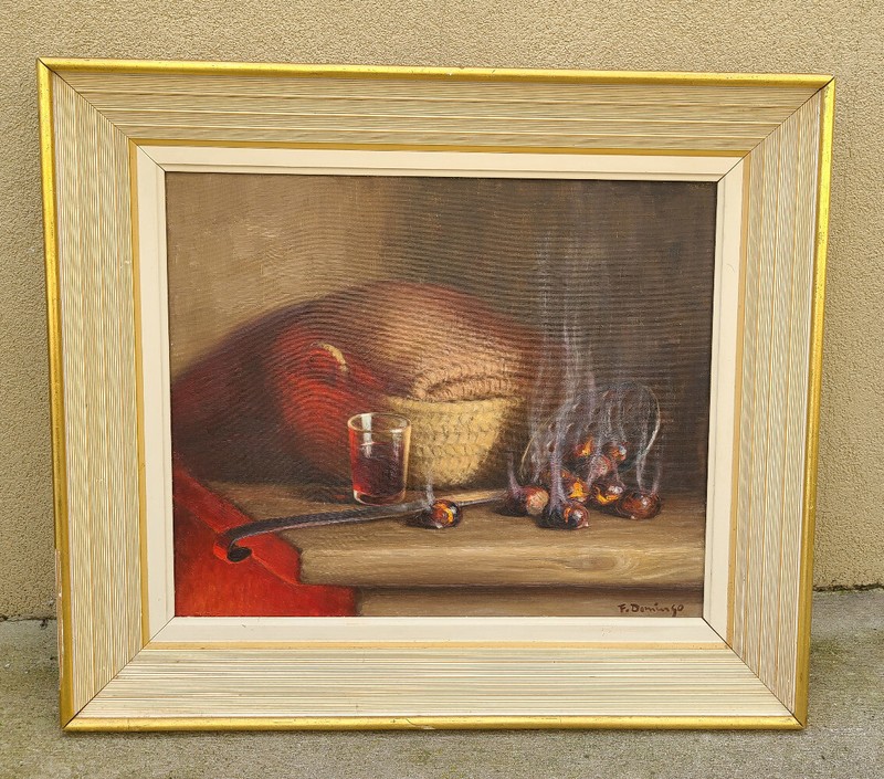 Vintage Realism Still Life Oil Painting Roasted Chestnuts Francisco Domingo Y Se