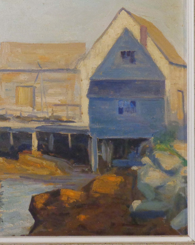 CECIL HALL, MAINE ROCKPORT SCHOOL HARBOR SCENE SGND O/B W/INCRIPTION, ORIG FRAME gallery