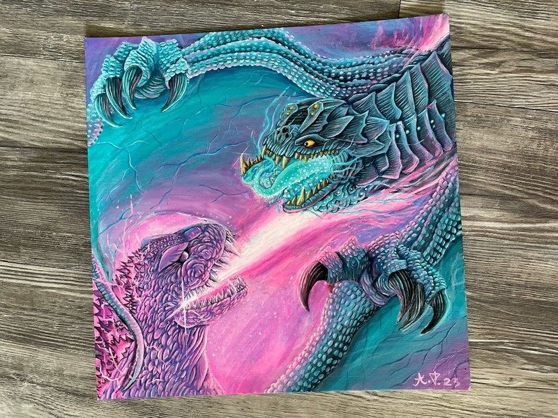 Godzilla Vs. Otachi 12×12 Original Acrylic Painting