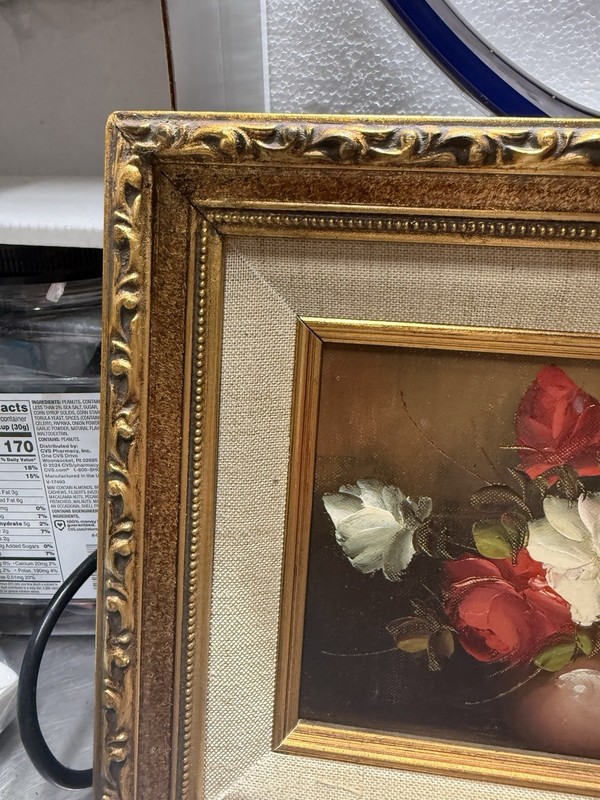 Vintage Signed Henri Floral Oil Painting Roses in Ornate Gold Frame 11x9 Still L gallery