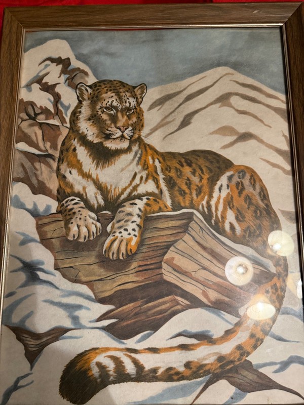 VINTAGE framed painting wildcat, bobcat, snow, leopard ESTATE SALE FIND