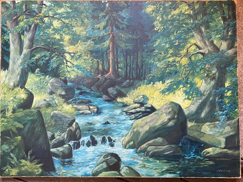 Oil Painting Bach IN Summer Forest Shore Nature Idylle Hike Um 1930 Castor Sign