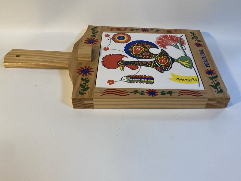 Hand-painted multicolor rooster trivet in a wooden frame Portugal signed Nuanca gallery