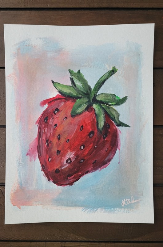 Original Acrylic Expressionist Red Strawberry 9x12 Paper Food Wall Art 1 of 4 gallery