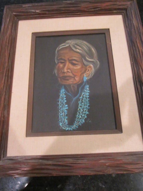 1971 NATIVE AMERICAN INDIAN OIL PAINTING SIGNED J B S ’71 – FRAMED 19″ X 16″