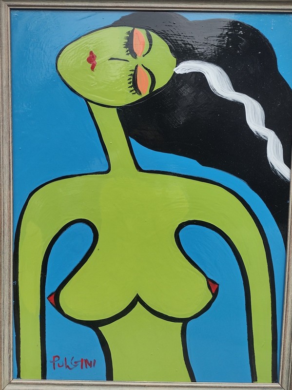 Art by Pulgini – Green Female Torso with Blue Sky, Black Hair, and White Streak
