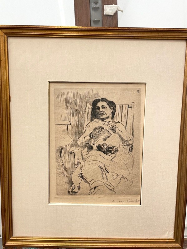 Listed German Artist LUVIS CORINTH «Woman with Knitting» Etching Hand Signed