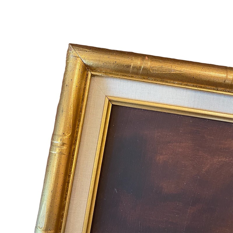 Vintage Oil On Canvas Still Life Fruit Pitcher Books Gold Gilt Faux Bamboo Frame gallery