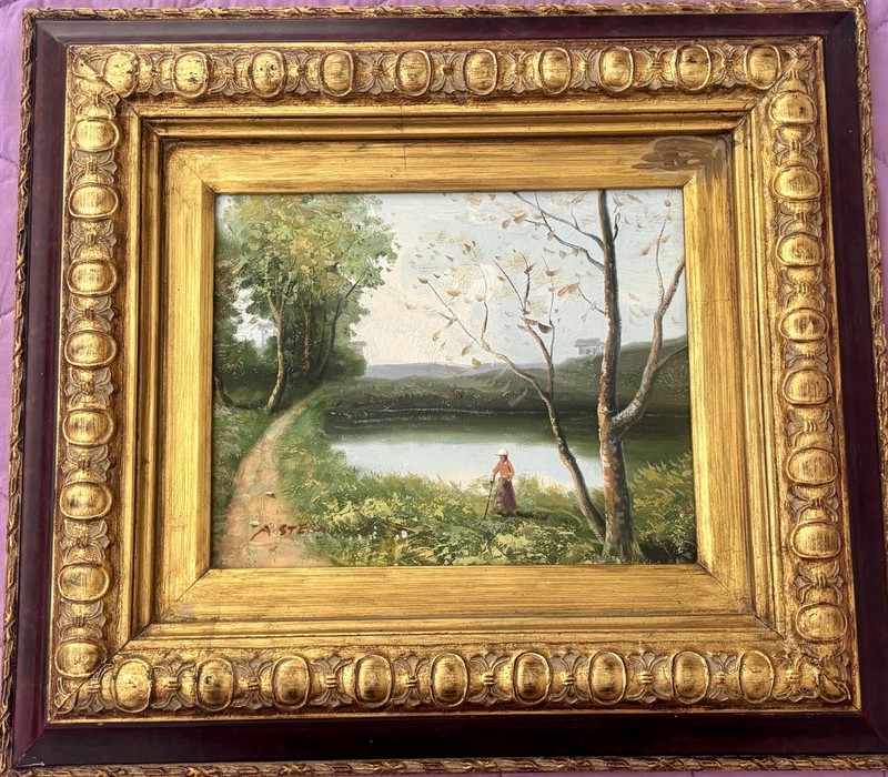 Pastoral Landscape Signed Oil Painting Serene Country Gold Gesso Frame 18×16