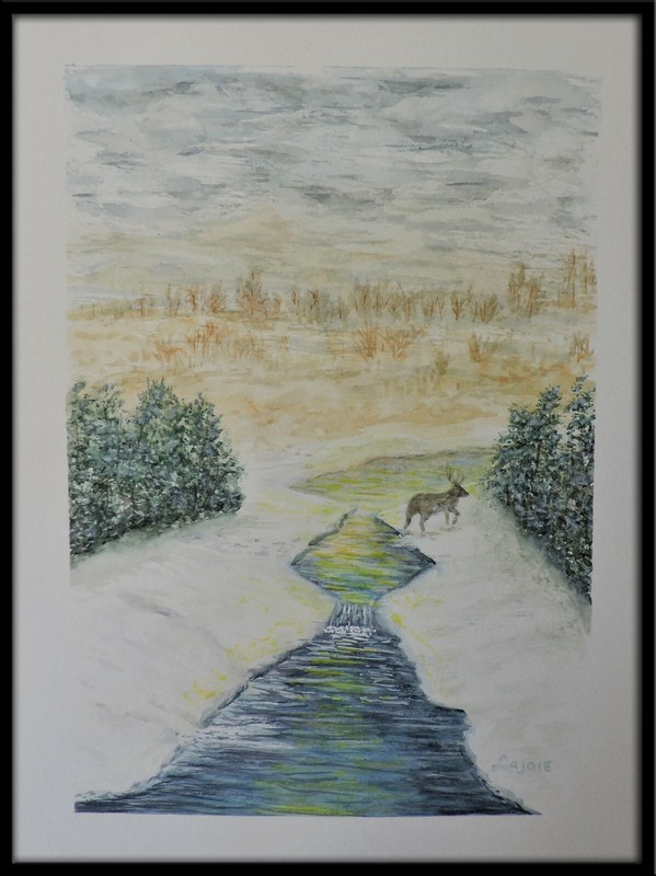 In the Wild, Original Watercolor Painting, 9×12, Trees, Snow, Moose, Deer, Creek