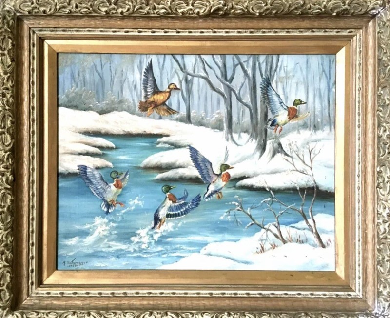 Listed Bolivian Artist Antonio Sotomayor Signed O/C “Seasonal Ducks” 1959